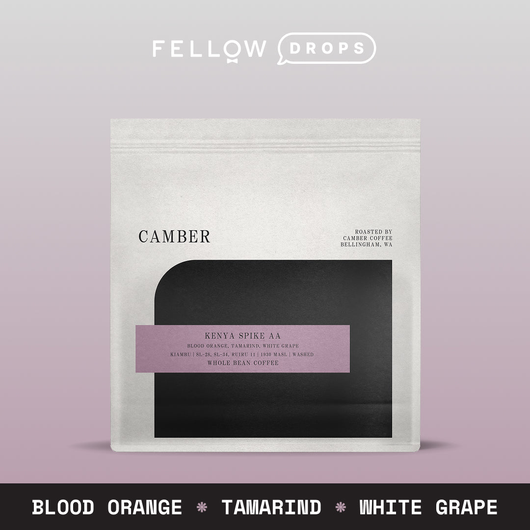 A CC Kenya Spike AA coffee bag with notes of blood orange, tamarind, and white grape.