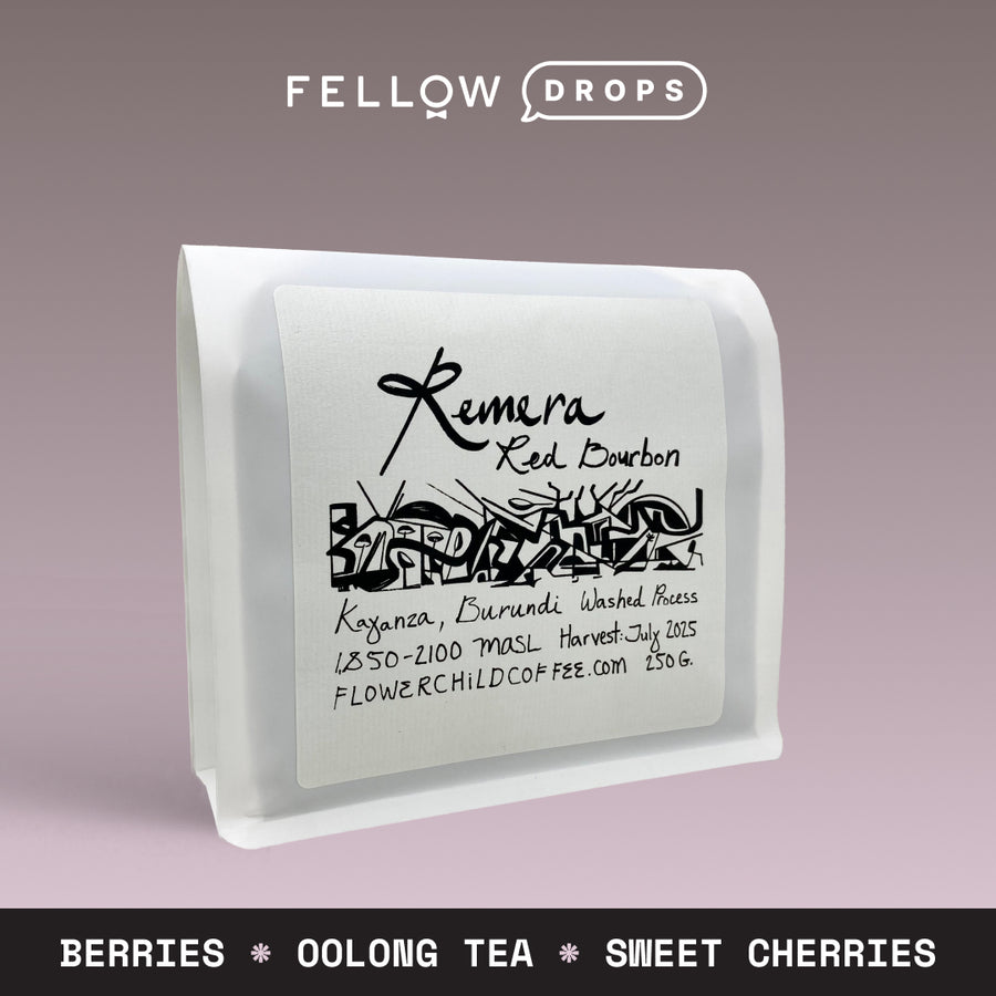A white bag of Remera Burundian coffee by FLOWER CHILD COFFEE; notes: berries, oolong tea. - media