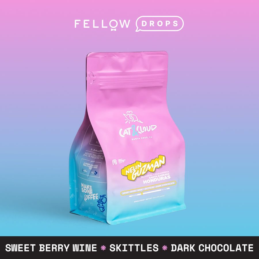 Pink and blue Cat & Cloud Honduras Nelin Guzman Anaerobic Natural coffee bag on gradient background. - media