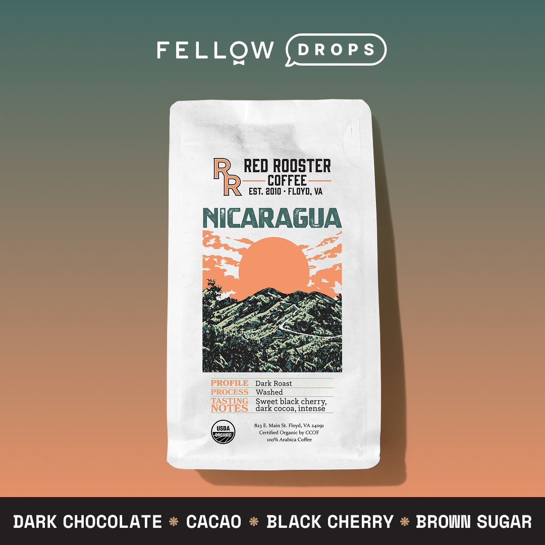 A bag of Red Rooster Coffee Nicaguara Prodecoop on a gradient brown and blue background.