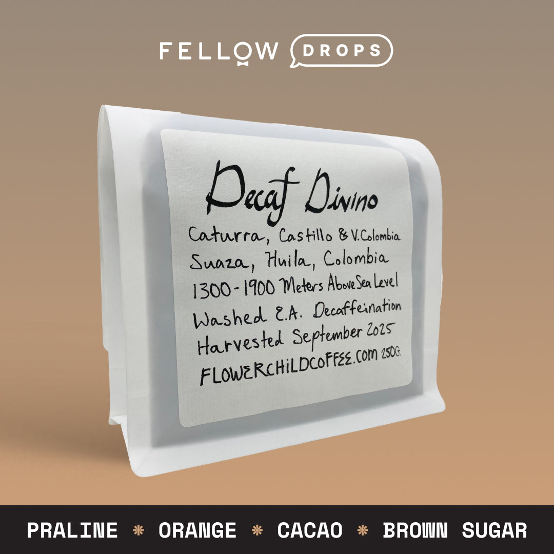 White bag of FLOWER CHILD COFFEE Decaf Divino with origin, details, and tasting notes shown.
