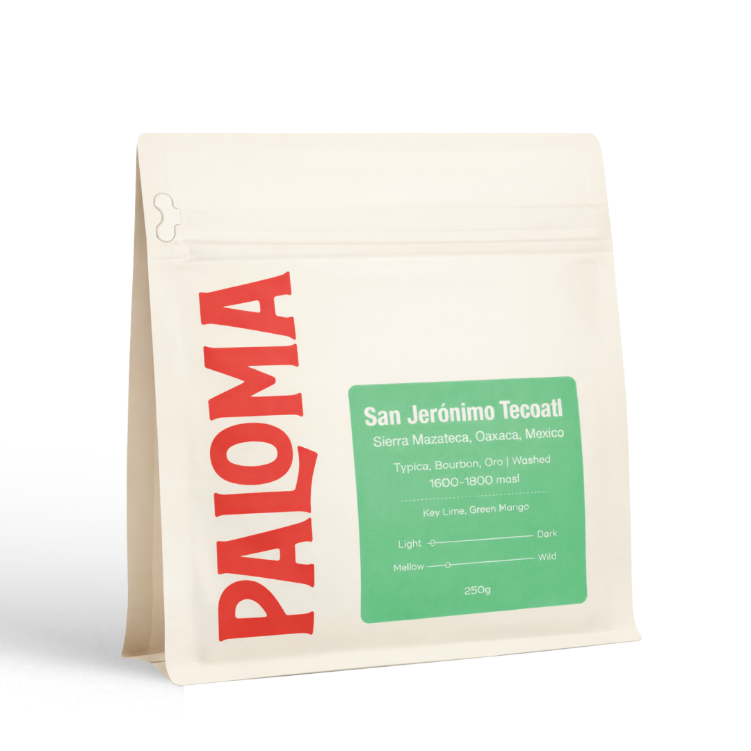 Cream coffee bag labeled Paloma for Paloma Craft Coffee, featuring San Jerònimo Tecoatl coffee.