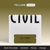 White coffee bag labeled Los Pinos Bourbon by Civil Coffee Store, with chocolate, caramel, honey, orange notes.