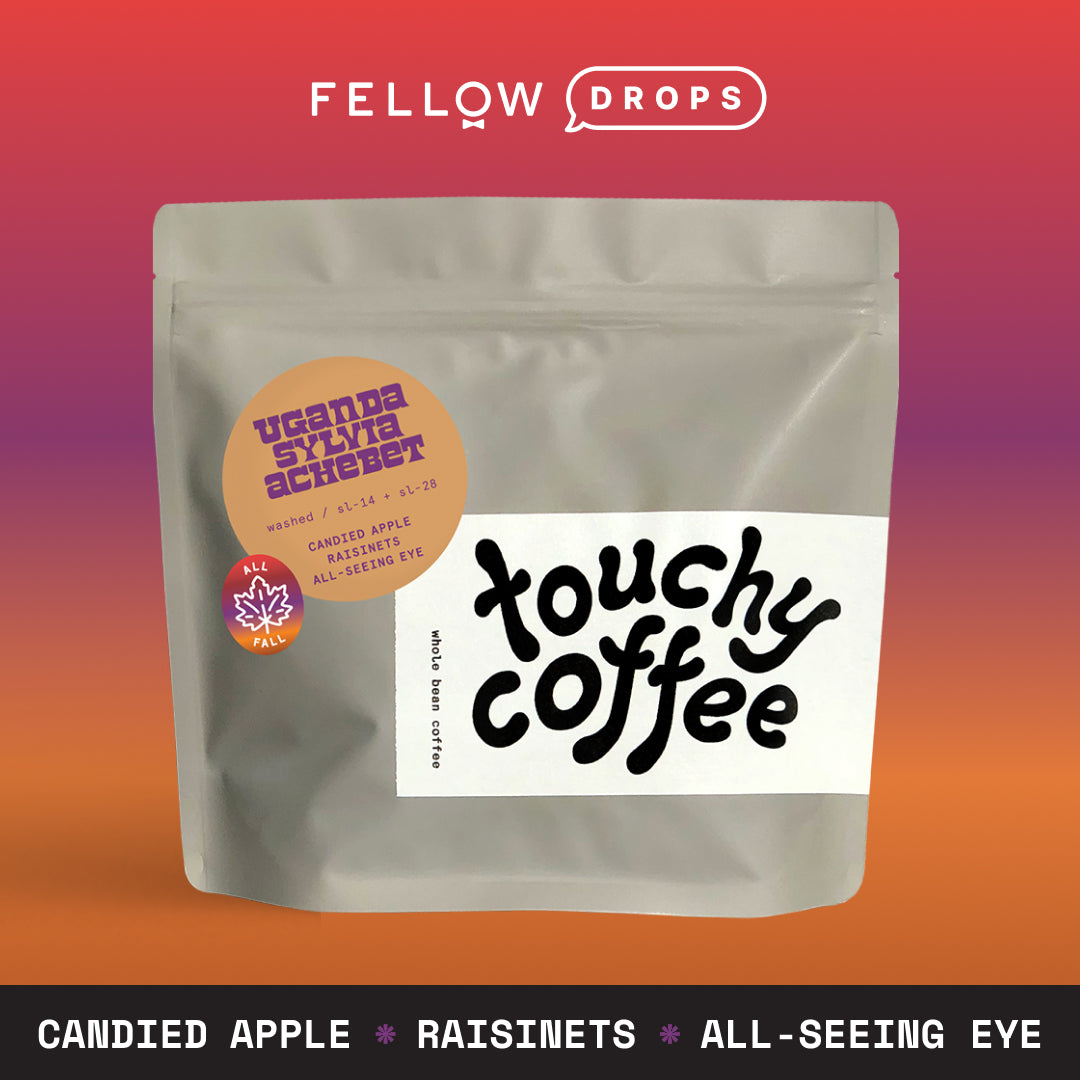 A bag of Touchy Coffee’s Uganda Sylvia Achebet, a light roast with candied apple and raisinet notes.