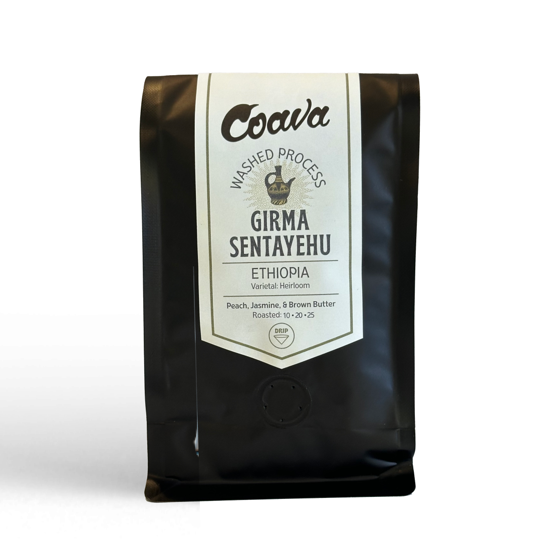 Black bag of Coava Coffee Roasters Girma Sentayehu—washed Ethiopian coffee with rich flavors.