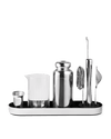 Fellow Mixology Set with a stainless steel cocktail shaker, mixing glass, and bar tools on a tray.