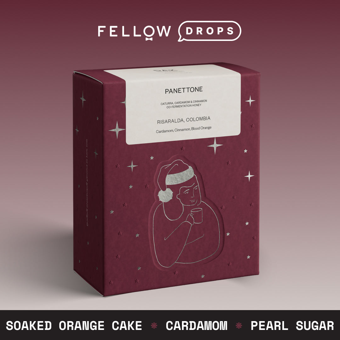 Burgundy Fellow box of Panettone coffee with festive design and white front label.