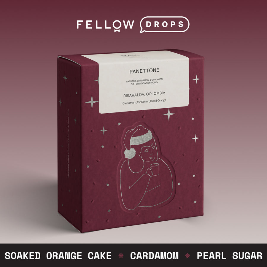 Burgundy Fellow box of Panettone coffee with festive design and white front label. - media