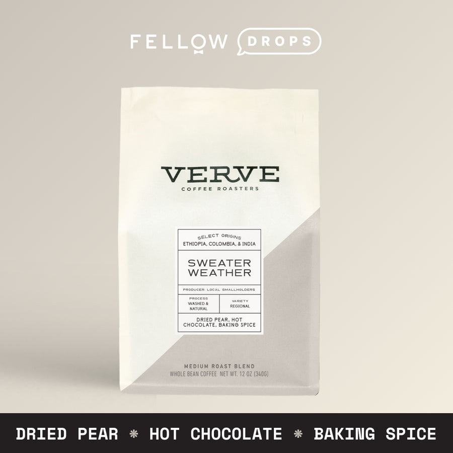 A bag of Verve Dropship Sweater Weather with notes of dried pear, hot chocolate, and spice. - media