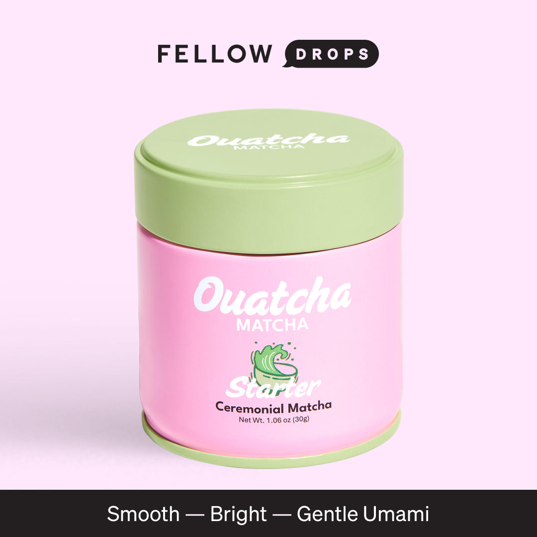Pink Ouatcha Matcha Starter Ceremonial tin with a green lid.