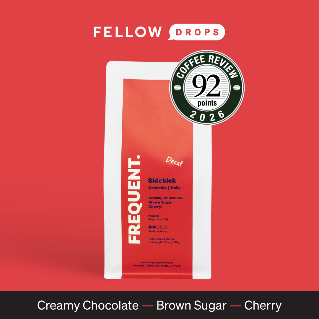 Bag of Frequent Coffee Sidekick Decaf from Huila, Colombia, with chocolate and cherry notes.