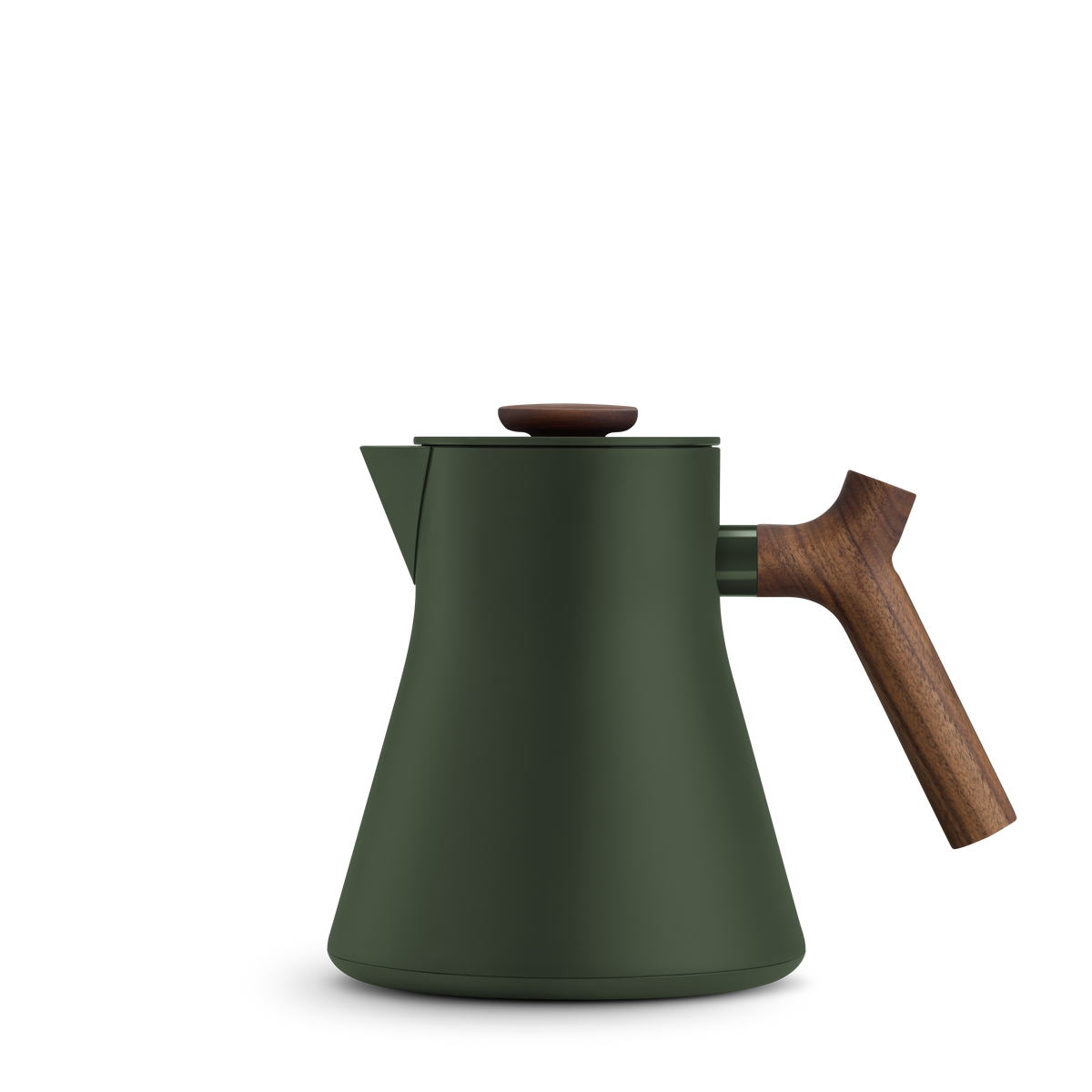 Fellow Corvo EKG electric kettle in woodland + walnut, with wooden handle and lid knob.