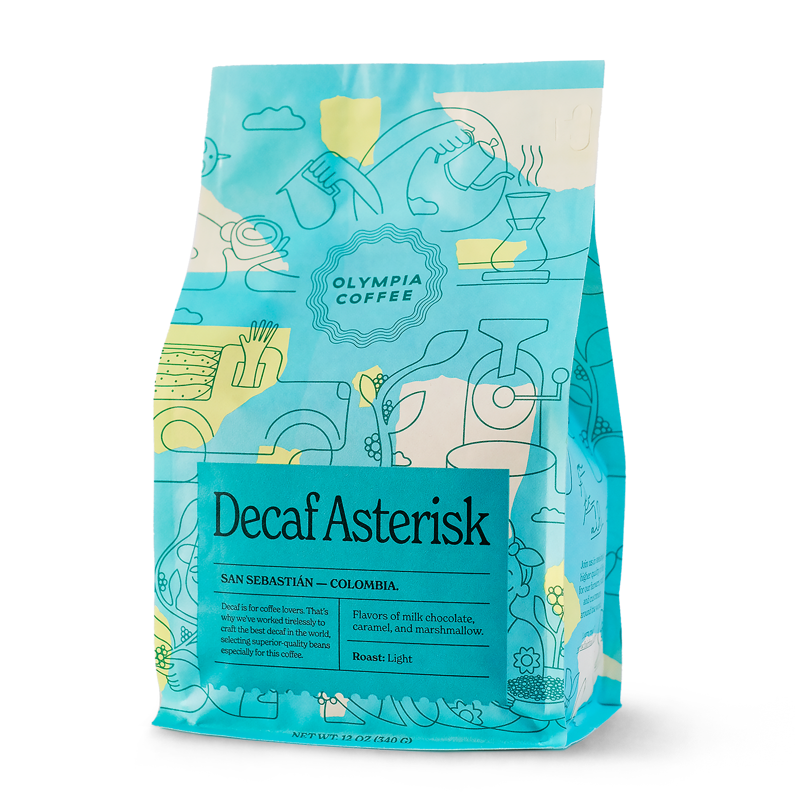 A blue Decaf Asterisk coffee bag by Olympia Coffee Roasting Company with Colombian art.