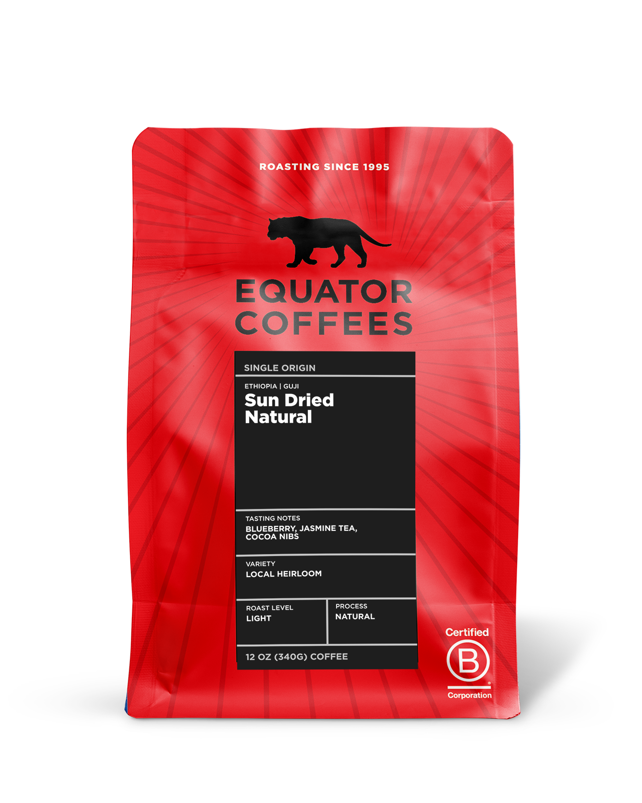Equator Coffees’ Ethiopia Sun Dried Natural bag features a black panther logo.