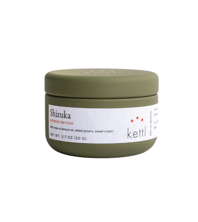 Kettl Shizuka Matcha green tin, crafted by a Japanese tea farmer, on plain background.