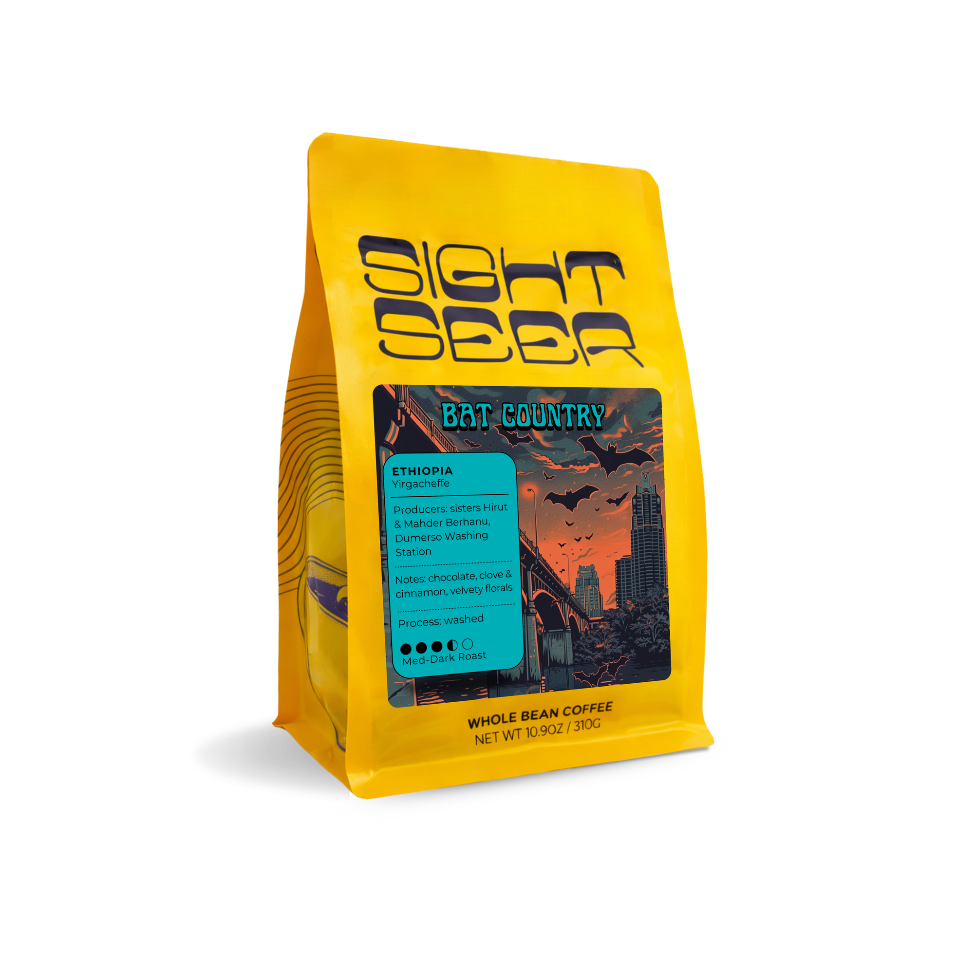 Yellow bag of Sightseer Coffee Bat Country washed Ethiopian coffee with colorful label.