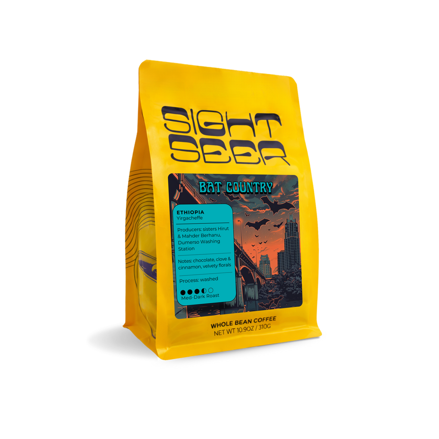 Yellow bag of Sightseer Coffee Bat Country washed Ethiopian coffee with colorful label. - media