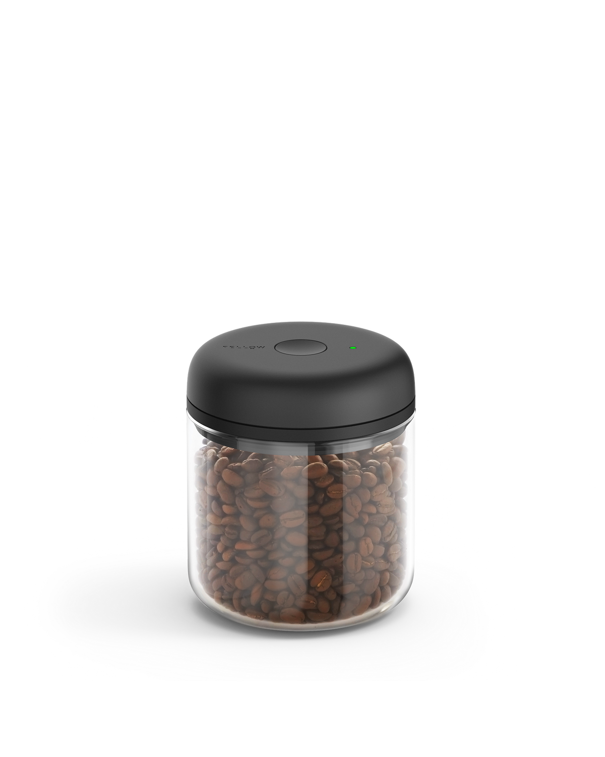 Fellow Atmos Vacuum Canister with black lid, storing coffee beans on a white background.