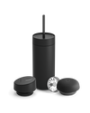 Fellow Carter 3-in-1 Lid System mug in matte black with straw, lid, and two round accessories.