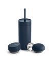 Dark blue Fellow Carter 3-in-1 Lid System mug with straw and accessories on white background.