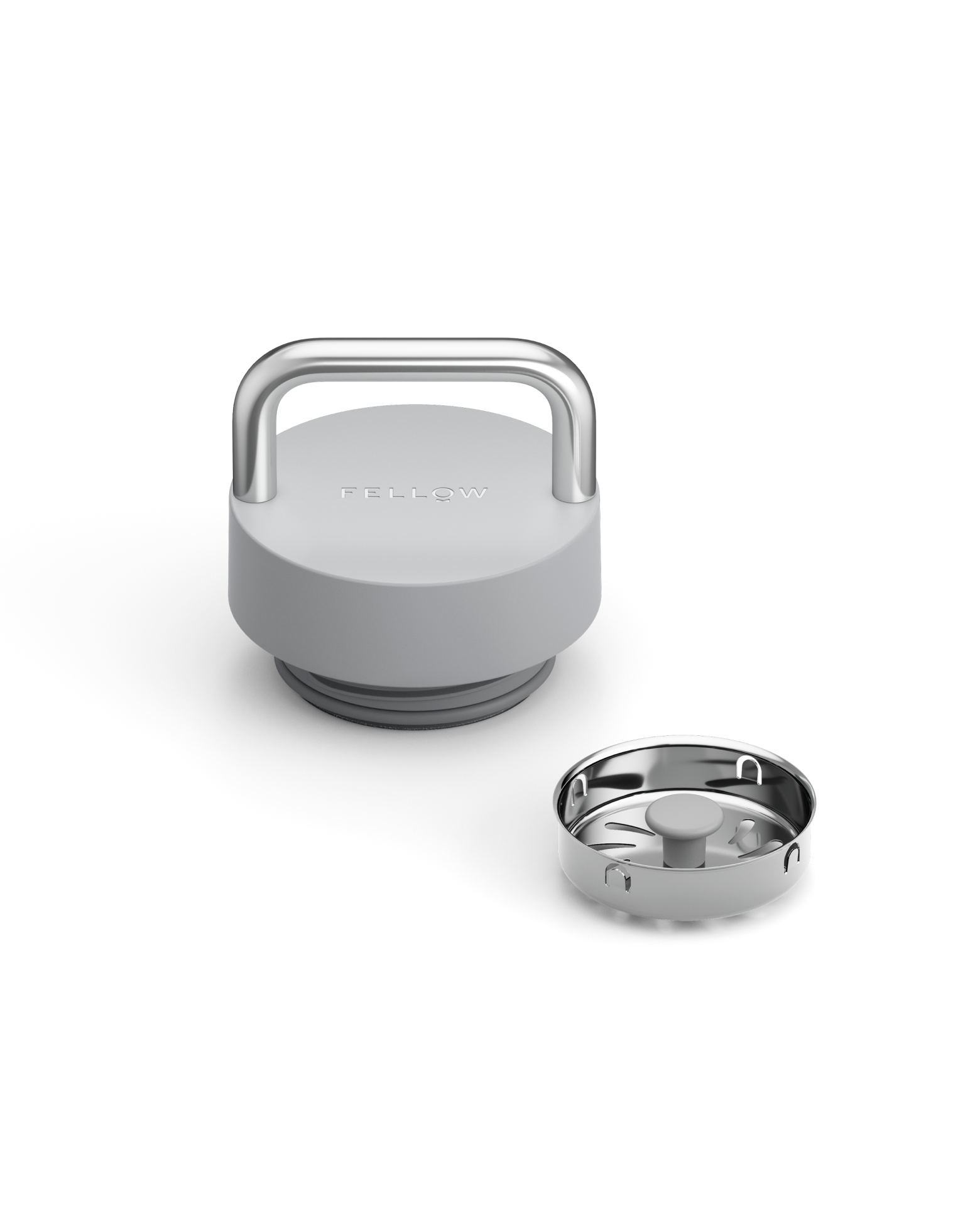 Fellow’s The Carry Lid in gray and silver with separate stainless steel filter on white background.