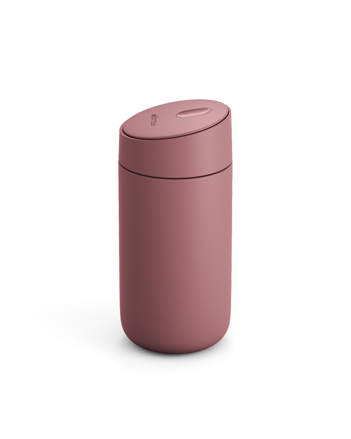 The Fellow Carter Slide Mug, a pink reusable travel cup with a rounded lid, on white background.