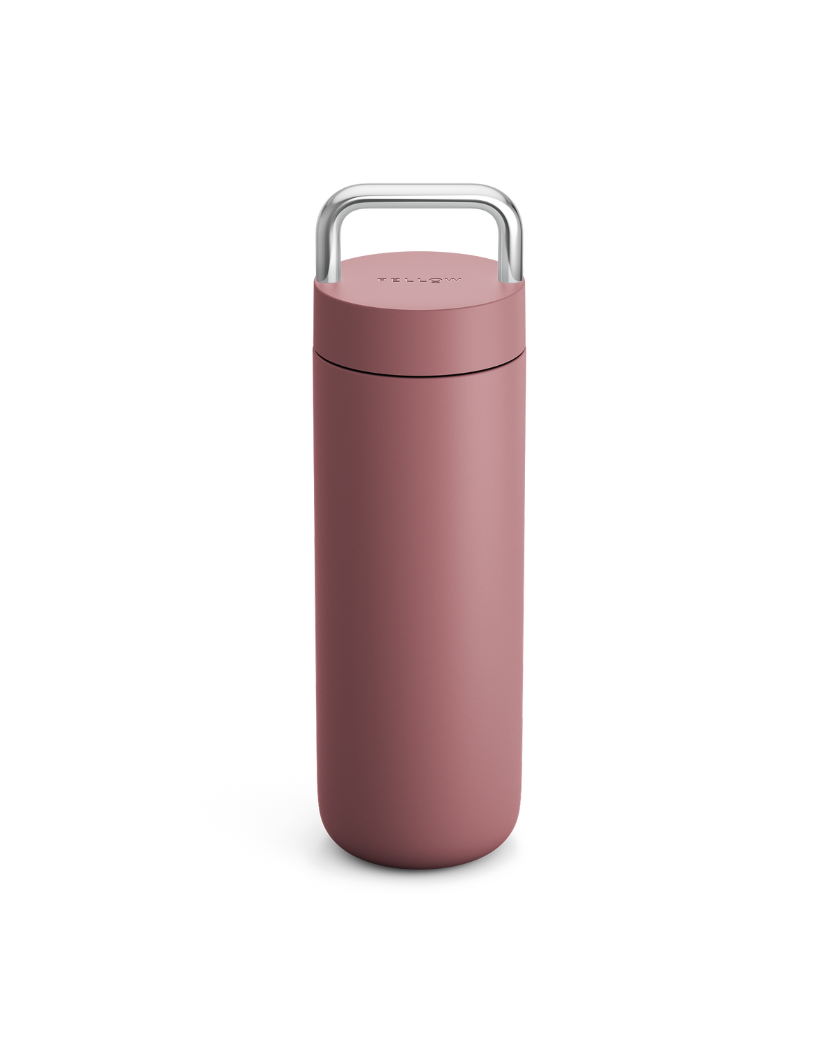 Fellow Carter Carry Travel Mug in Desert Rose, upright with silver handle on white background.