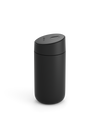 Fellow Carter Slide Mug—matte black, cylindrical, rounded lid, shown on white background.