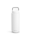 Matte White Carter Carry Travel Mug by Fellow with handle on lid and logo at bottom.