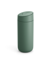 Fellow Carter Slide Mug: matte green, insulated, rounded, with flip-top lid.