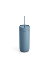 Fellow Carter Cold Tumbler in matte blue with lid and straw, on a plain white background.