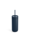 Fellow Carter Cold Tumbler in dark blue with lid and straw on a plain white background.