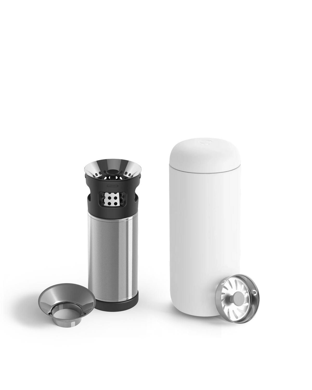 Fellow Carter Infuser Set: sleek white cold brew maker with metal filter parts.