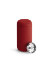 Red Fellow Carter Move Mug with separate round metallic lid in front.