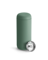 Fellow Carter Move Mug in matte green with metal strainer, great as a coffee tumbler.