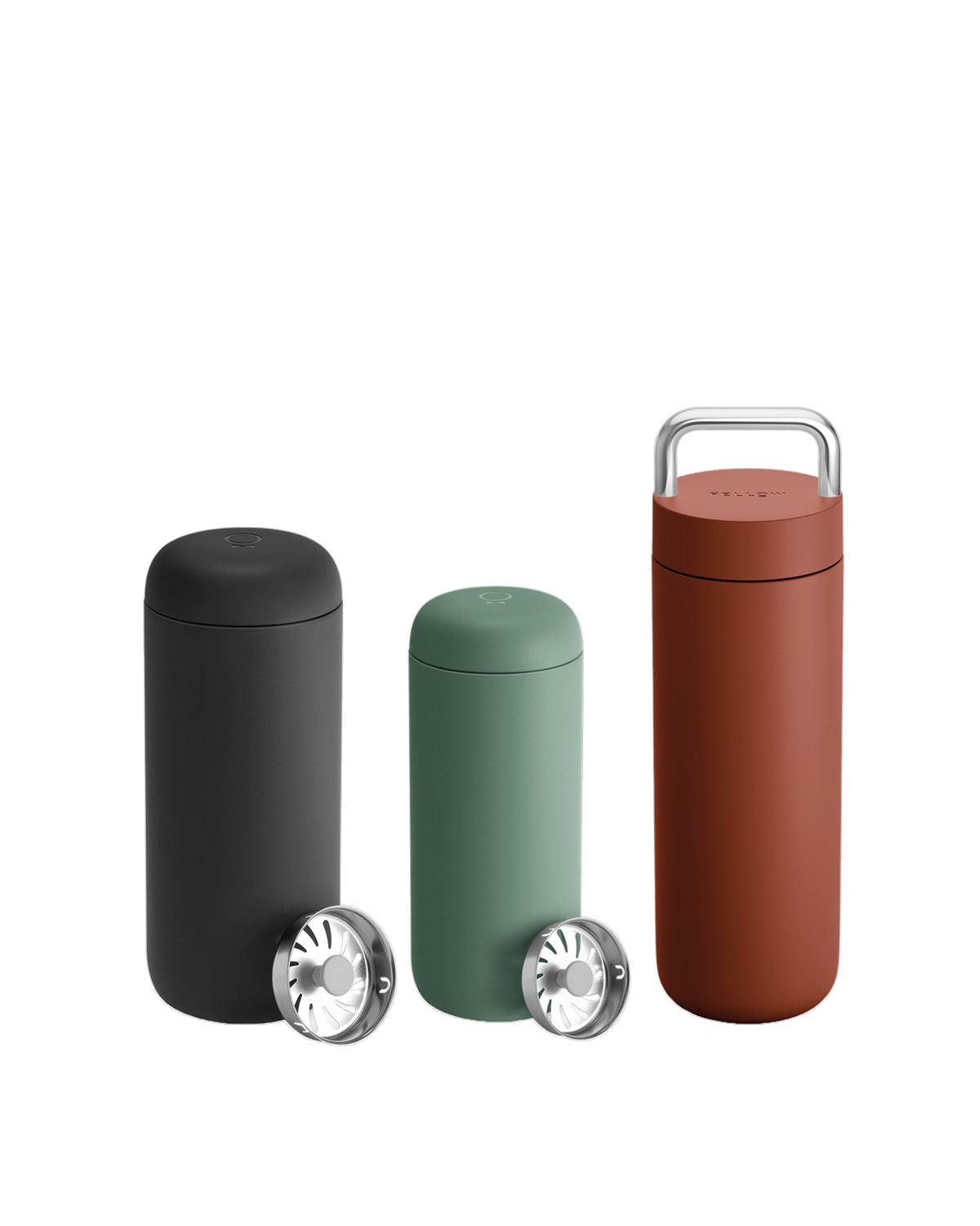 The Fellow Carter Mug Trio: three insulated travel mugs with strainers, ideal for coffee.