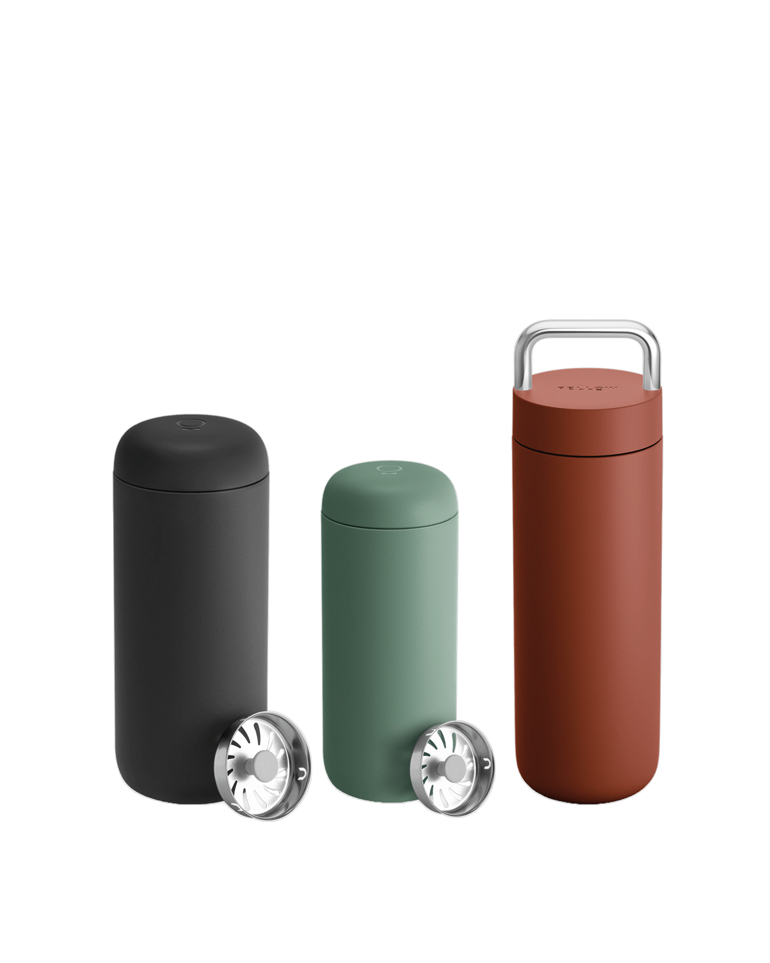 The Fellow Carter Mug Trio: three insulated travel mugs with strainers, ideal for coffee.