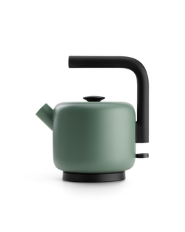 Fellow Clyde Electric Kettle in Smoke Green with black handle and modern, minimalist design.