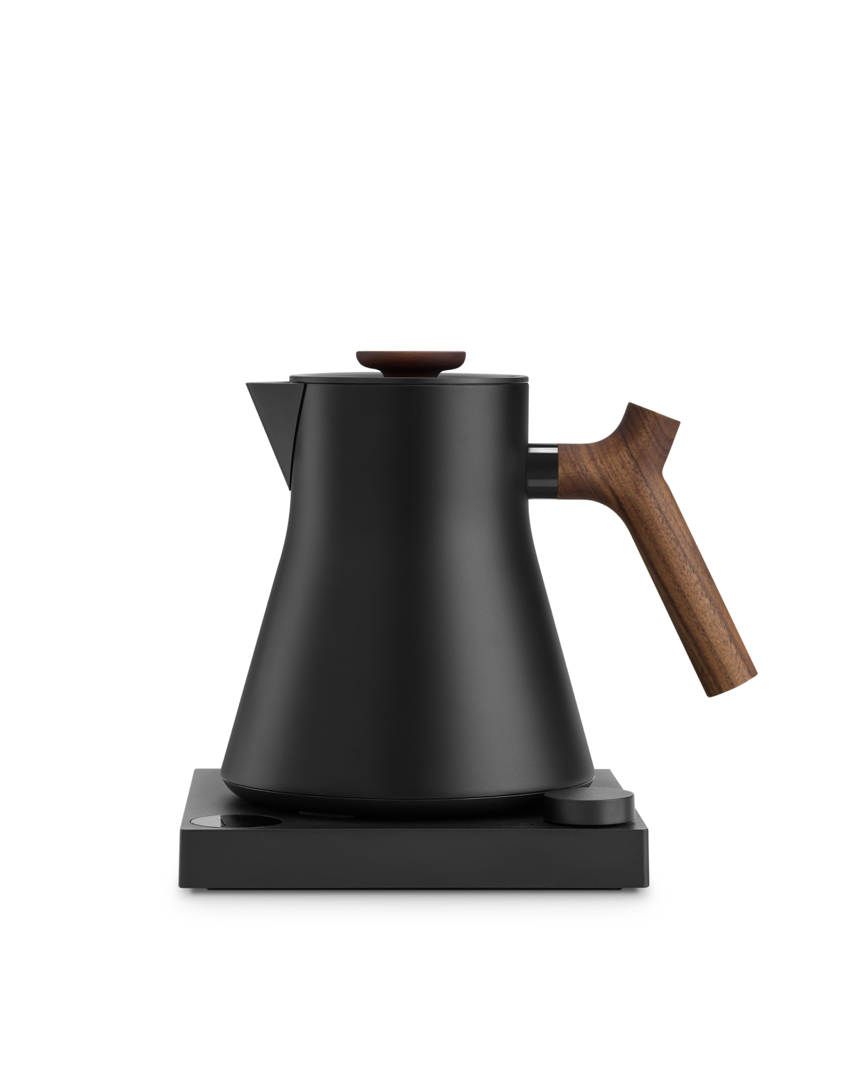 Fellow Corvo EKG Electric Kettle, matte black with wooden handle, on square base.