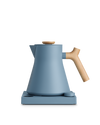 Fellow Corvo EKG Electric Kettle: fast, all-purpose blue kettle with wooden handle and base.
