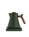 Fellow Corvo EKG Electric Kettle in matte green with wooden handle on a matching base.