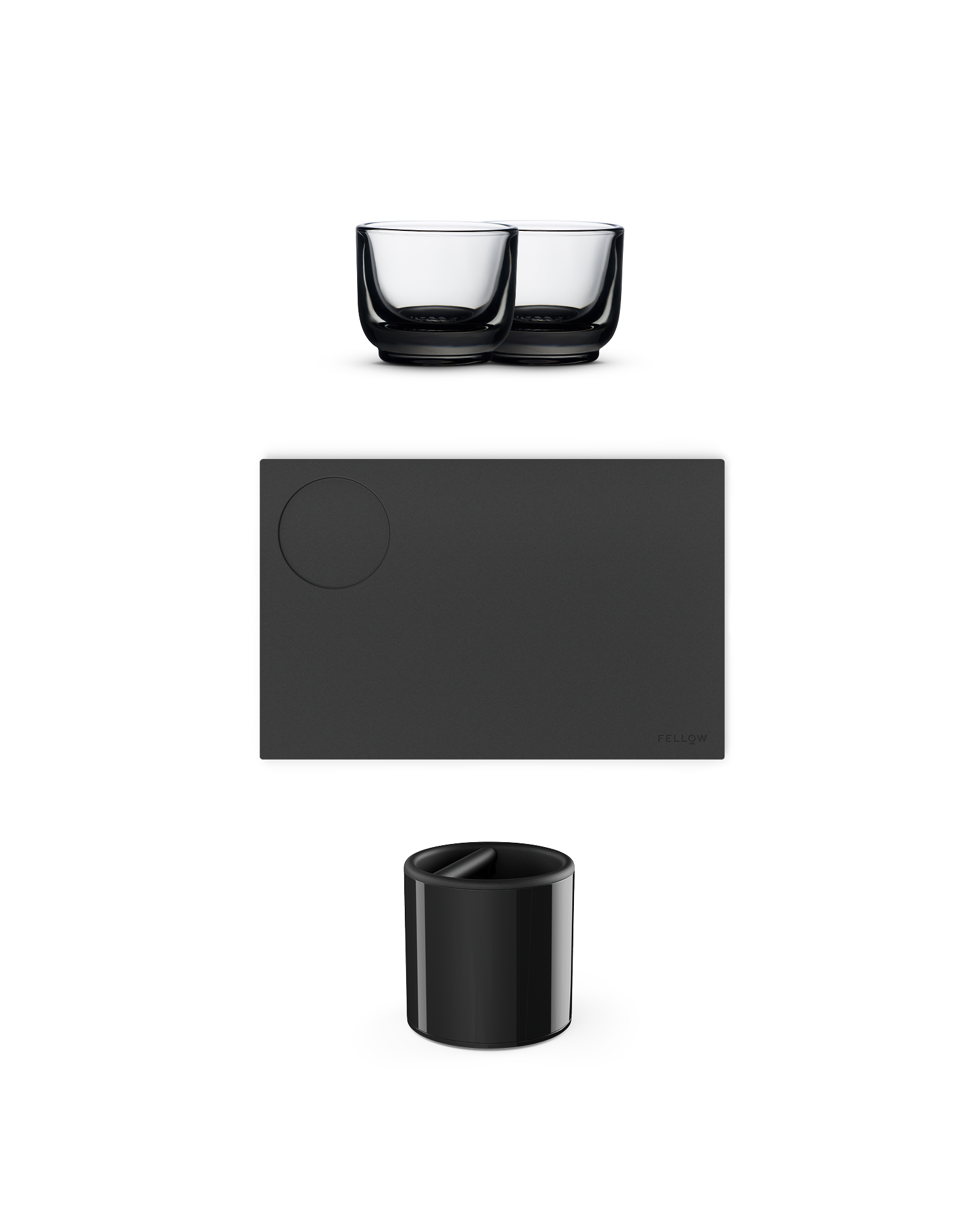 The Fellow Essential Espresso Bundle includes two cups, a knock box, and a tray.