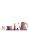 Fellow The Kettle + Matcha Kit: pink bowl, whisk, spoon, matcha tin, tray & electric kettle.