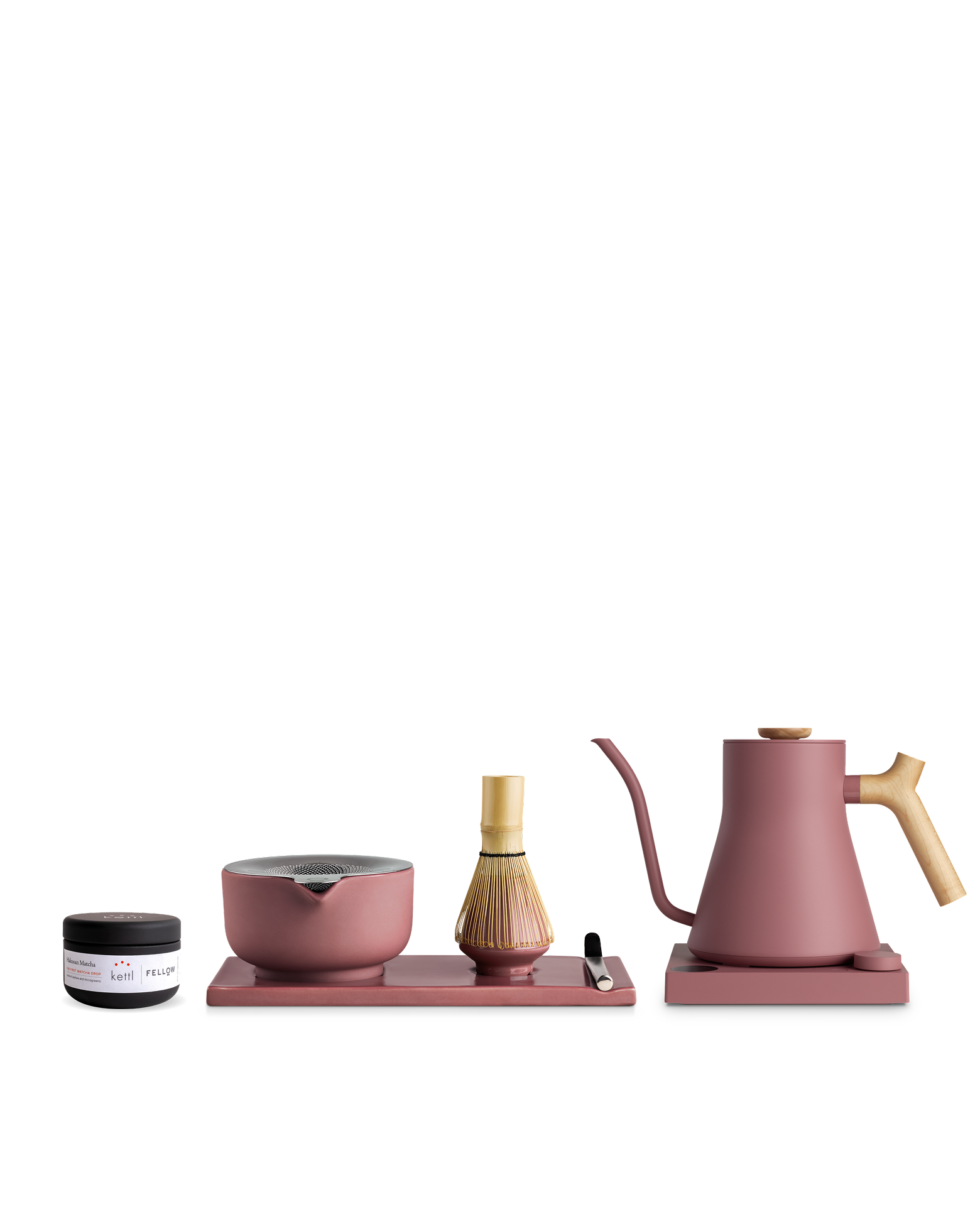 Fellow The Kettle + Matcha Kit: pink bowl, kettle, whisk, tray, scoop & matcha tin.