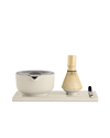 Fellow Matcha Set in Sesame: bowl, whisk, and spoon on a sleek rectangular tray.