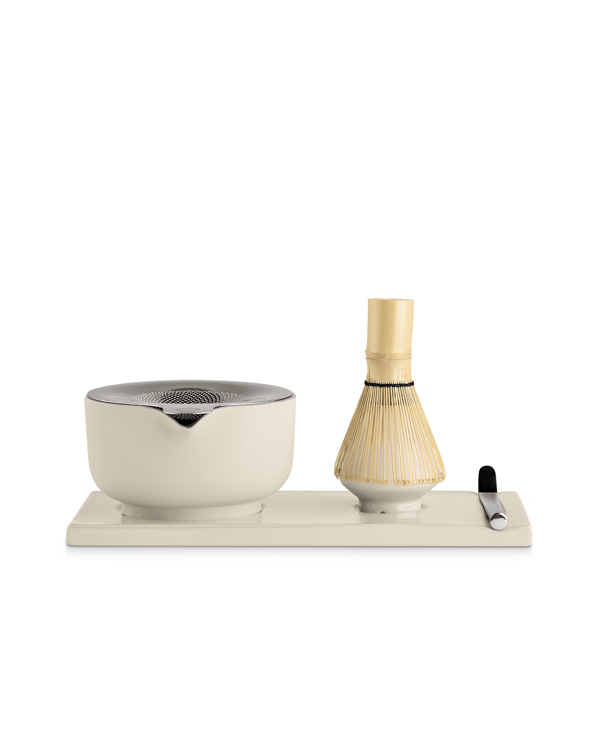 Fellow Matcha Set in Sesame: bowl, whisk, and spoon on a sleek rectangular tray.