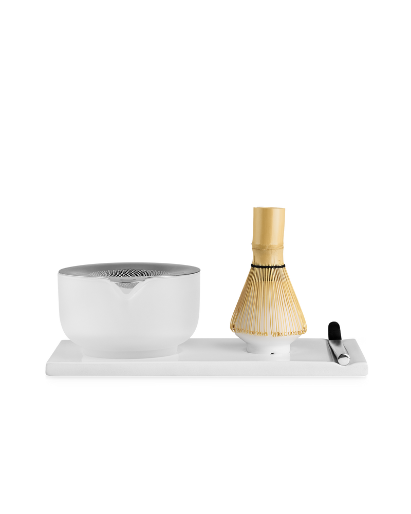 Fellow Matcha Set with handmade ceramic bowl, bamboo whisk, scoop, and tray.