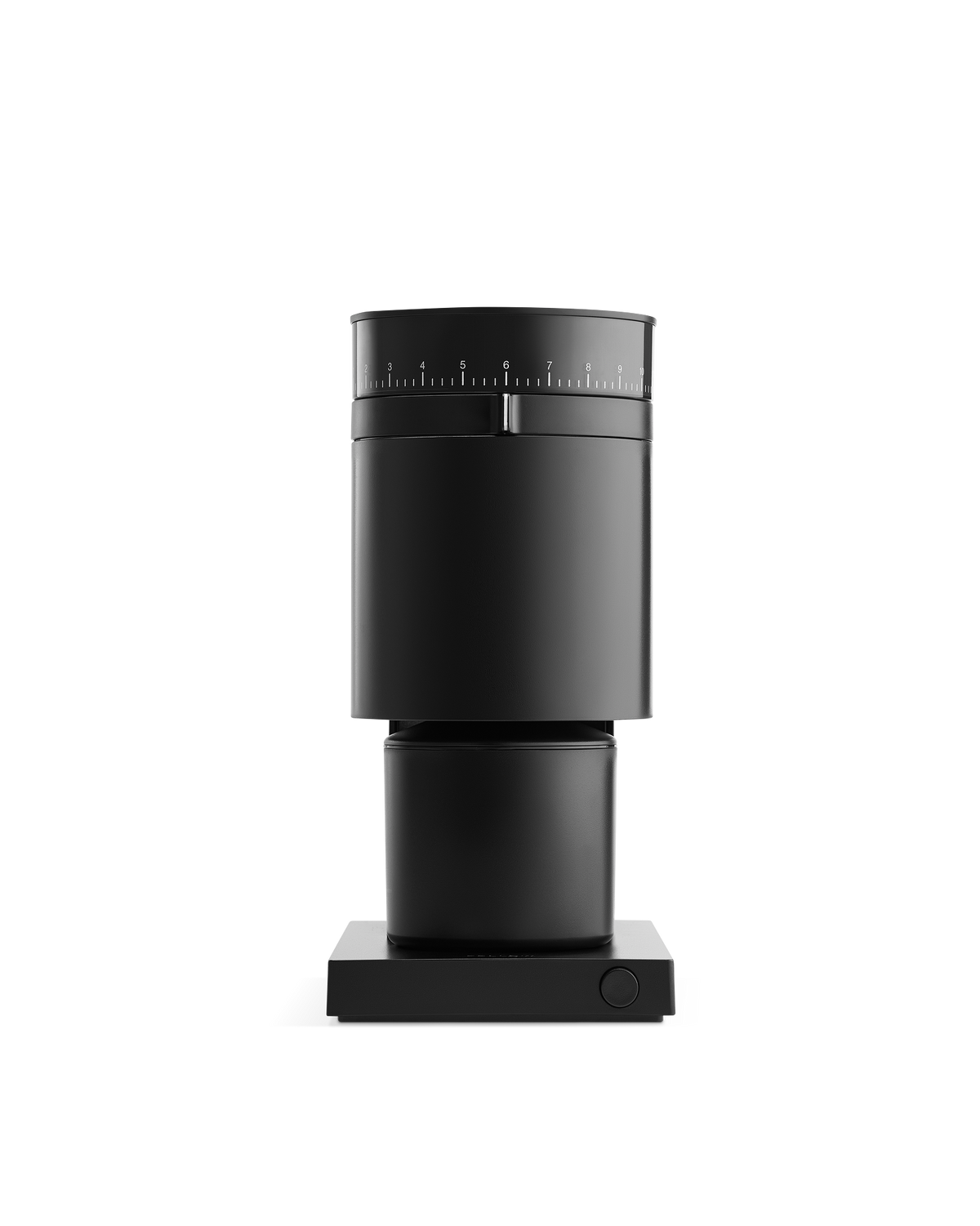 Fellow Opus Conical Burr Grinder: sleek black, precision dial, square base.