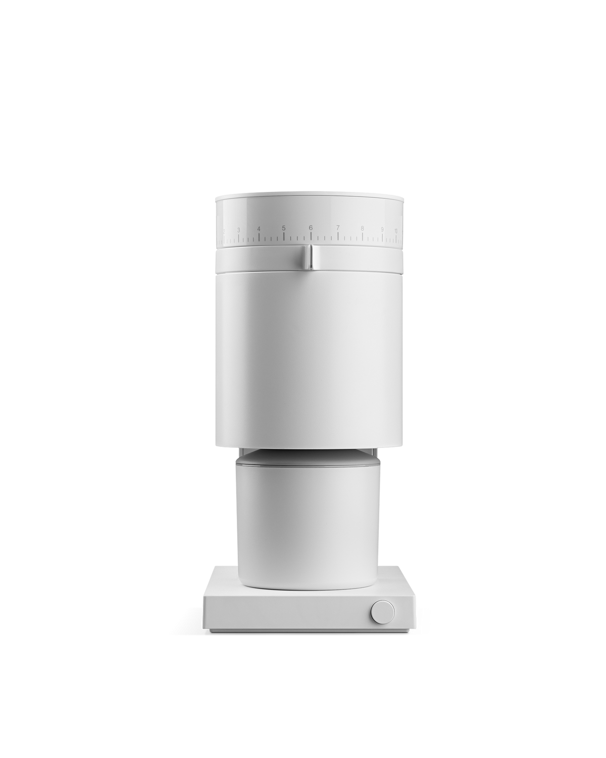 Fellow Opus Conical Burr Grinder with cylindrical top and base dial, on a white background.