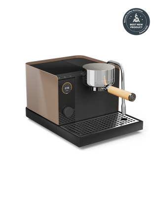 Fellow Espresso Series 1 in Malted Chocolate + Maple with digital display and wooden handle.